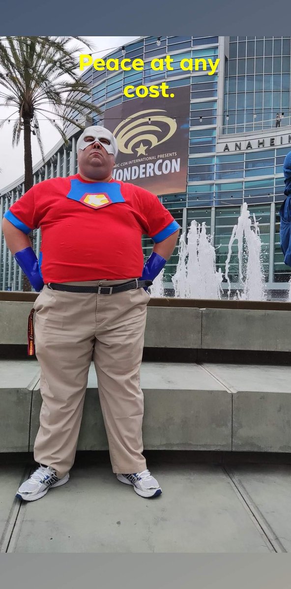 batcap50's tweet photo. On Friday at @wondercon my good friend Robert decided to try cosplaying for the first time.  He went as Peacemaker, unsure of how it would go.  It went so well that he wore it again on Sunday!  So proud of him. ❤ He even met @Dastmalchian !!
@JohnCena @JamesGunn #WonderCon https://t.co/qdeLCIHIbM