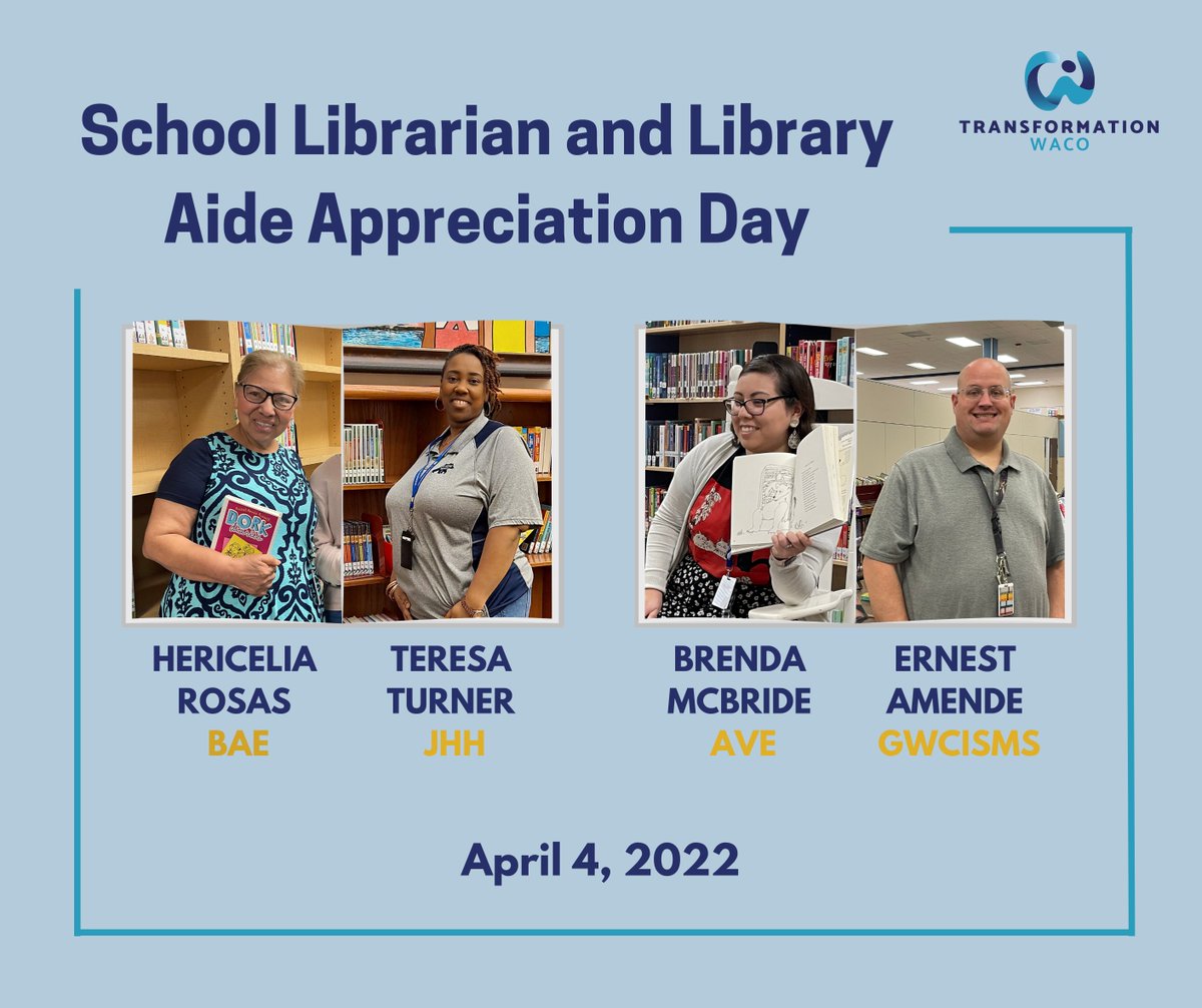 Happy School Librarian and Library Aide Appreciation Day!! These professionals bring the joy of reading to our students. Our librarian and aides spend long hours keeping the library organized, and they make sure it's a welcoming place for our students and staff.