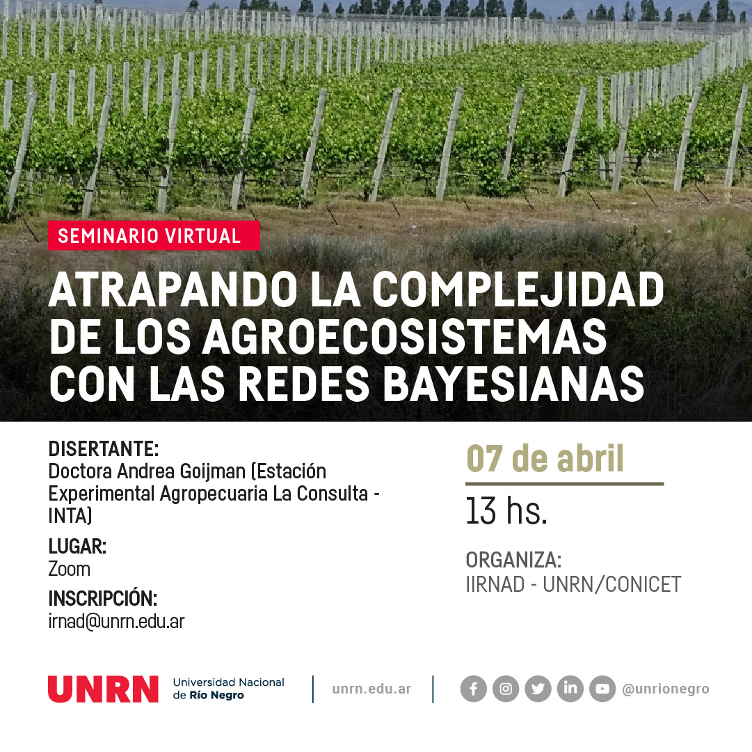 IRNAD_ARG's tweet photo. 🔰 Seminario IRNAD | Atrapando la complejidad en redes bayesianas: demos un paso adelante en el análisis y manejo agroecosistemas
🔹 A cargo de Andrea Goijman (EEA INTA La Consulta)
✅ Jueves 7/04 a las 13 horas por Zoom con inscripción previa.
👉 Más info https://t.co/AtkdoAMCUE https://t.co/9yzxKYVUYm