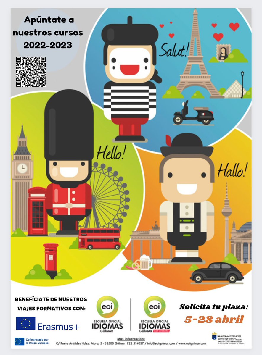 AytoCandelaria's tweet photo. 🇬🇧 🇩🇪 🇫🇷 Escuela Oficial de Idiomas de Güímar
🇩🇪 Alemán
🇫🇷 Francés
Inglés
🇬🇧 A partir de este martes, 5 de abril, y hasta el  jueves, 28 de abril, puedes solicitar tu plaza. 
 💡 Recuerda que la EOI de Güímar tiene una sede en Candelaria
ℹ️ Más información https://t.co/52erVstXPo https://t.co/MVKh0Fu7ej