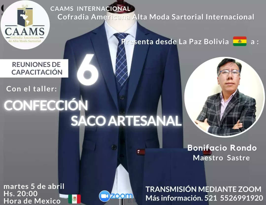 AltaCofradia's tweet photo. ¡Seguimos con la 6° de 8° Jornadas
Del taller de "Confección de Saco Artesanal"!
 📐👔✂️
Impartida por Bonifacio Rondo. / M. Sastre
👔🇧🇴
Miembro de CAAMS Bolivia 
Martes 5 de Abril / 20:00hra de México 🇲🇽
.
.
#CAAMSInternacional #ponencia #Sastrería https://t.co/SOsaZOKdxs