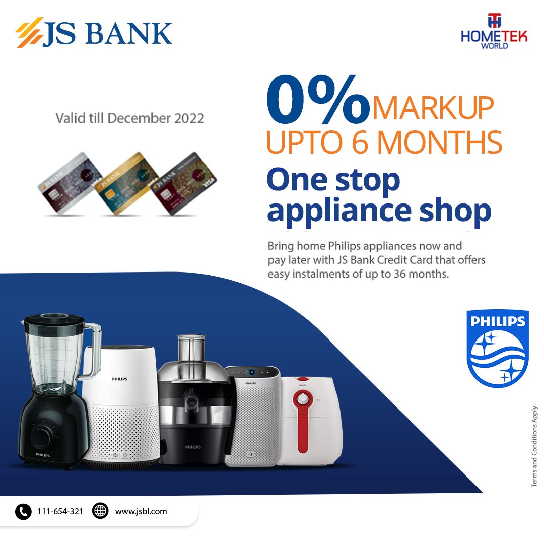 Get your favorite Philips home appliances in easy installments at 0% markup for up to 36 months with your JS Credit Cards. 
Click here to apply for JS Credit Cards: bit.ly/JS-CreditCards
#Kenwood #InstallmentOffer #JSVisaCreditCards #JSBank #BarhnaHaiAagey