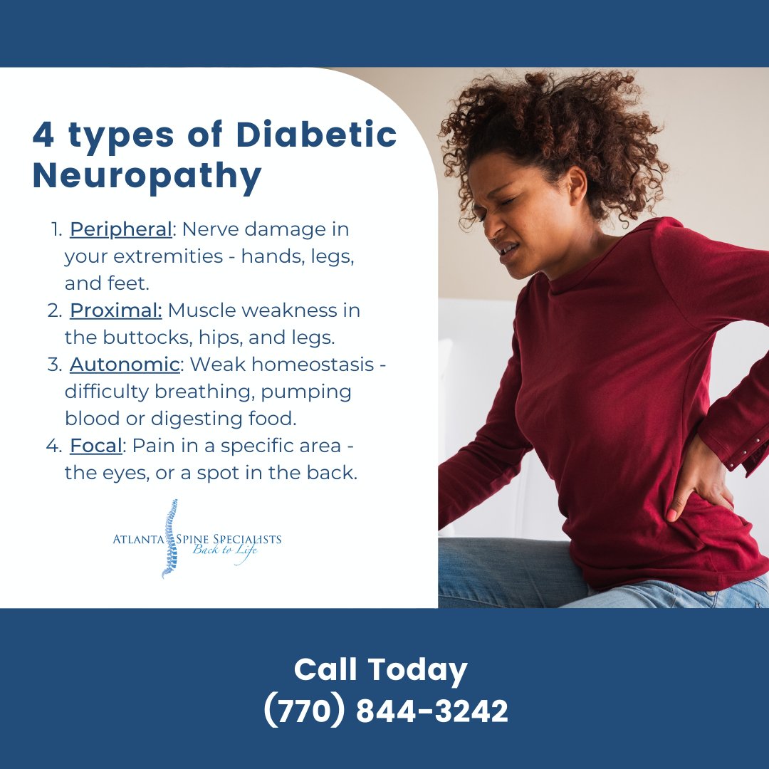 ATLSpine's tweet photo. Did you know there are 4 types of Diabetic Neuropathy? Schedule an appointment with Dr. Skaliy to talk about treatment for peripheral pain. You shouldn't have to suffer in pain. https://t.co/3gpZcmp9rG