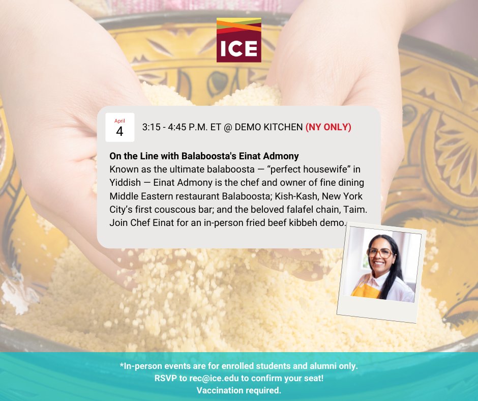 iceculinary's tweet image. Einat Admony is the chef and owner of fine dining Middle Eastern restaurant Balaboosta. Join Chef Einat for an in-person fried beef kibbeh demo. #ICEculinary

For more info: ice.edu/newyork/events…

#culinaryvoice #event
