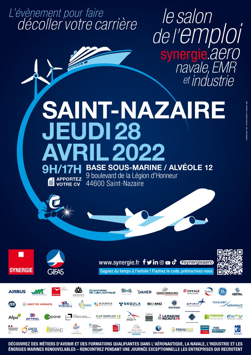 FabAcademypdl's tweet photo. [AGENDA 📆]
Vous recherchez un emploi dans l'#Aeronautique ✈️  La #Navale 🛳️Les énergie marines renouvelables 🍃ou encore l'#industrie ? 🏭👨‍🏭
RDV au Salon de l' #Emploi @Synergie: le  28/04 de 9h à 17h à Saint-Nazaire (9 Boulevard de la Légion d'Honneur) 

#synergieaero https://t.co/LHXw4dyidN