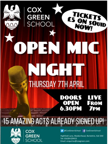 CoxGreenSchool's tweet photo. Reminder not to miss our #OpenMikeNight on Thursday!  Some amazing talent already signed up!  #CoxGreenSchool #MaidenheadSecondarySchools #BeThereOrBeSquare ⭐ https://t.co/lwTHWbvVfr