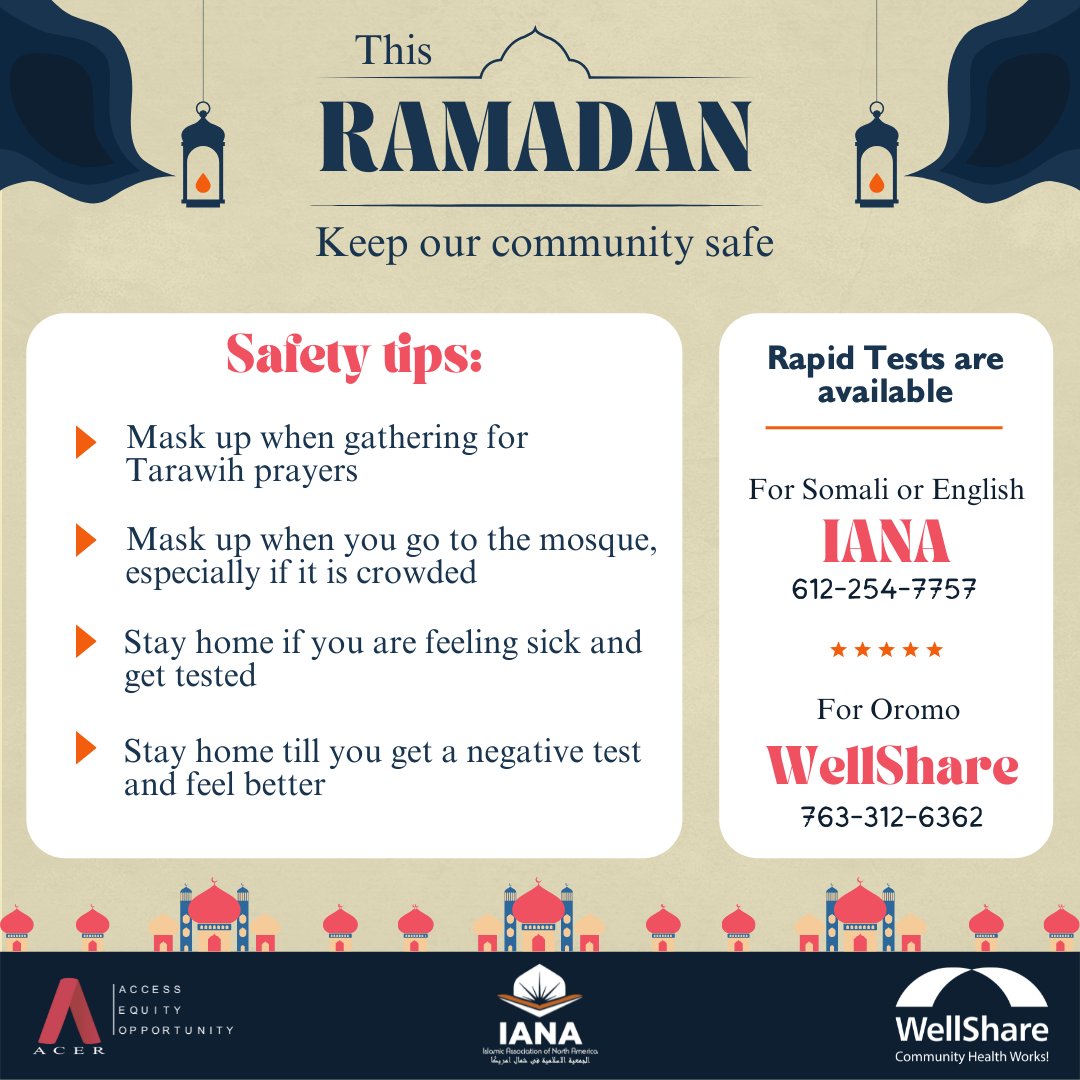 ProjectHealings's tweet photo. *𝑷𝒓𝒐𝒋𝒆𝒄𝒕 𝑯𝑬𝑨𝑳𝑰𝑵𝑮𝑺 - 𝑯𝒂𝒑𝒑𝒚 𝑹𝒂𝒎𝒂𝒅𝒂𝒏*
📢It's Ramadan, and here are some safety tips that helps you and the community to stay safe
🔗Here you can find your nearest vaccine location: https://t.co/795AW19RfN
#HappyRamadan #StaySafeMN #GoGetVax https://t.co/cTG7Gtuqjy