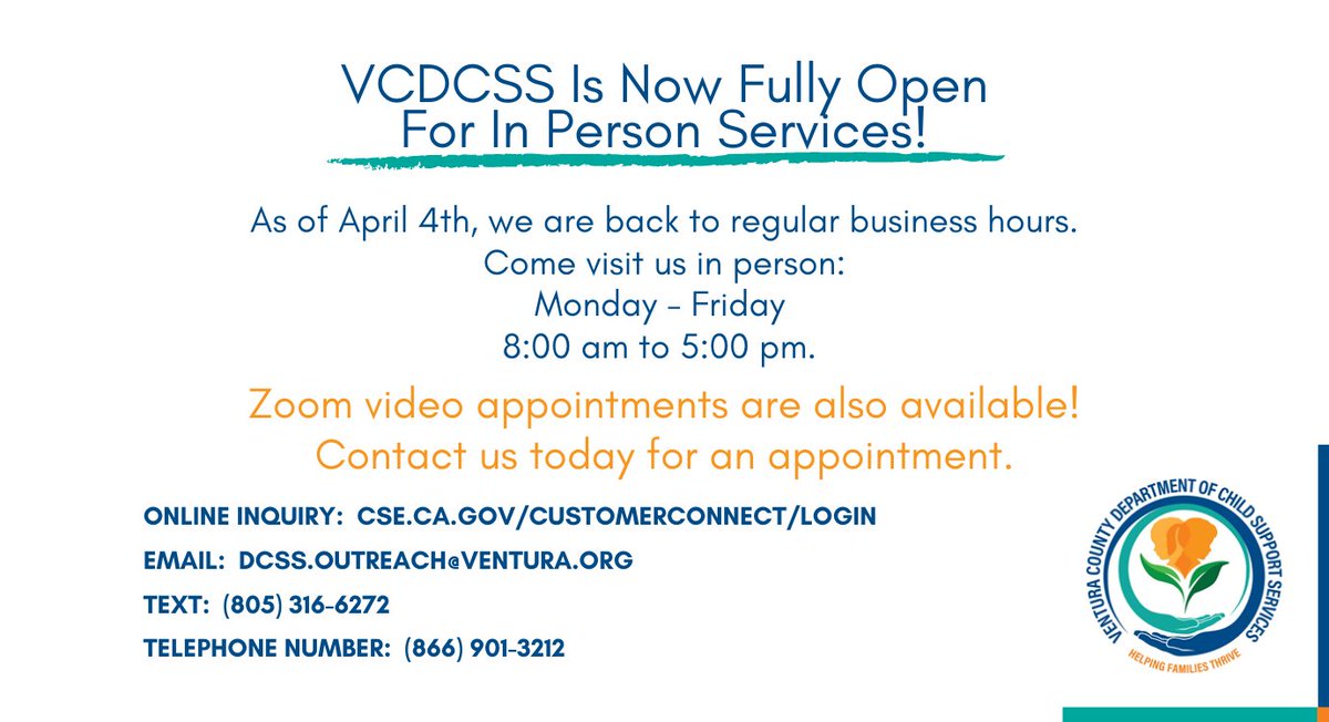 VCChildSupport's tweet photo. We are happy to share our office has resumed in person services five days a week! Visit us Monday-Friday between 8am-5pm.
💻Prefer to schedule a Zoom meeting? Contact us today for an appointment!
#VCDCSS #ChildSupport #HelpingFamiliesThrive https://t.co/ZFp2FxYqKQ