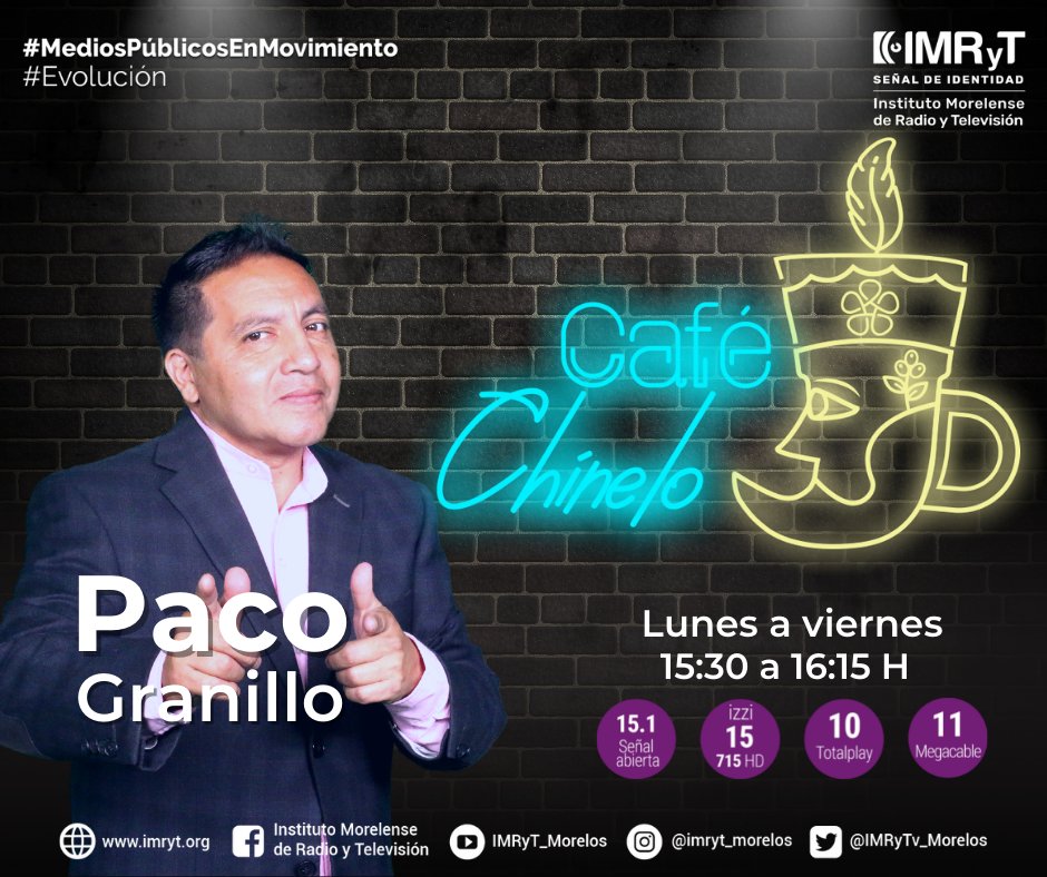 RTvMorelos's tweet photo. ¡Hoy estamos de estreno! Acompaña a Paco Granillo en #CaféChinelo, Programa dedicado a los emprendedores de Morelos. ¡No te lo pierdas!

📆 Lunes a Viernes 🕑 15:30 H
📺 15.1 | 15 y 715 izzi | 10 Totalplay https://t.co/hTvGMpW2um