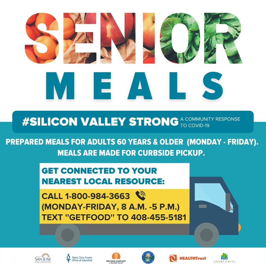 sjparksandrec's tweet photo. PICK-UP AND GO MEALS FOR SENIORS. Seniors (60-plus) are eligible to receive meals from the City of San José Senior Nutrition Program and from countywide food distribution sites. 
For up-to-date locations and feeding hours visit https://t.co/wYIMJ5KhnY https://t.co/rI9BGeGQlh