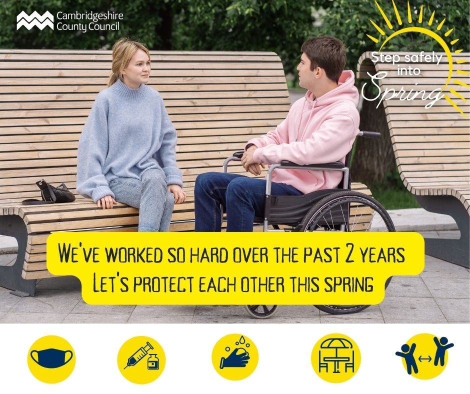 CambsCC's tweet photo. Let’s take common sense steps to keep safe and well this spring.
Here are three simple ways to #StepSafelyIntoSpring:
·Get your vaccine at https://t.co/2cpqH4iw1O
·Consider wearing a face covering in busy spaces
·Continue to wash your hands https://t.co/Jn1ZIqjmQD