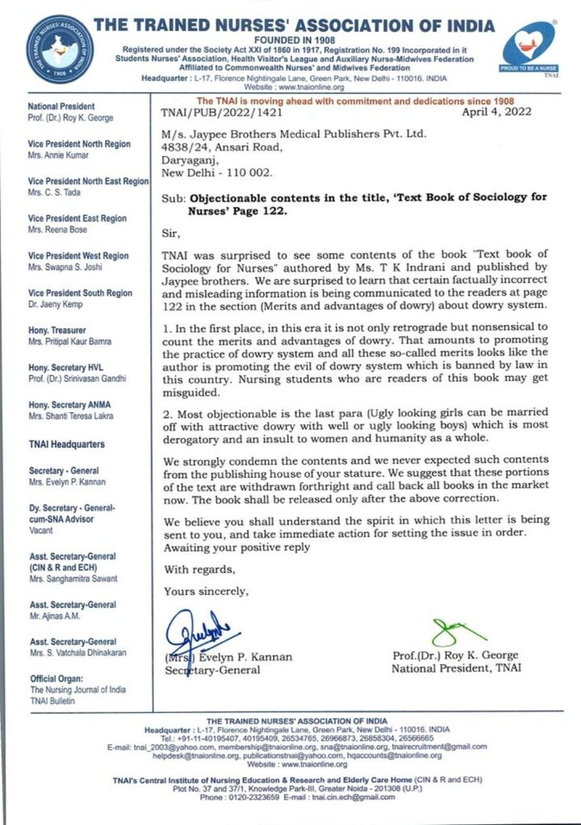 Impact

Happy to inform that Jaypee brothers have stopped sale of the  book Text book on Sociology for nurses by TK Indrani with immediate effect. 

The matter was communicated to me officially.

Prof Roy K George
National President TNAI
<a href="/PresidentTnai/">President TNAI</a>