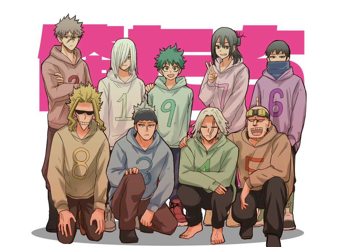 midoriya izuku hood hoodie multiple boys green hair 6+boys hood down blonde hair  illustration images