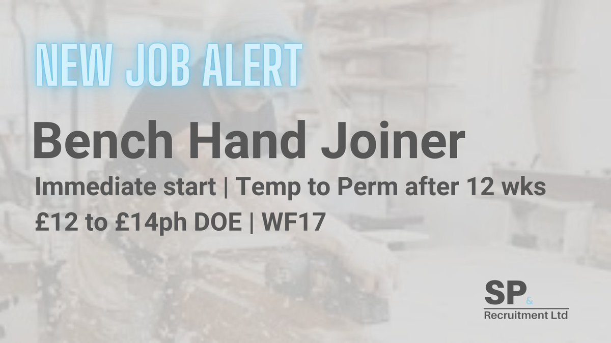 SP_Recruit's tweet photo. #NewJobAlert
#BenchHandJoiner in #WF17
Temp to Perm after 12 wks.
Click the link for the full job:
https://t.co/IubNVCm4ok
If you think you fit the role or know someone who might be interested, get in touch👇🏽
✉ info@sprecruit.co.uk
📞01924 729120
#sprjobs #sprecruit https://t.co/tmr5LQfBQT