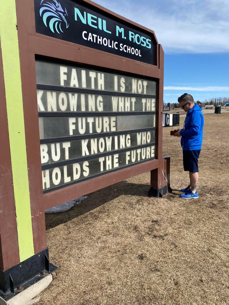 Magillabrett's tweet photo. Want to know just how F ed up Canada is, just in a small town where my niece trains teenage amateur &amp; professional hockey players greeting with this on her morning run, on A Catholic  School Sign https://t.co/iTciCUe94h