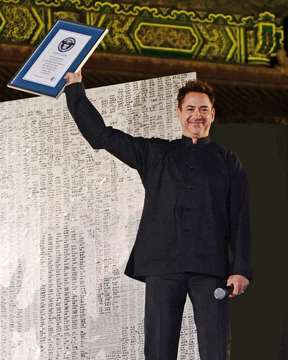 GWR's tweet image. Happy birthday to Robert Downey Jr.!

He holds the record for being the highest-grossing actor at the global box office (leading roles) with $14.3b.

Also, in 2013, fans in China at the premiere for Iron Man 3 set the record for most contributions to a greetings card.
