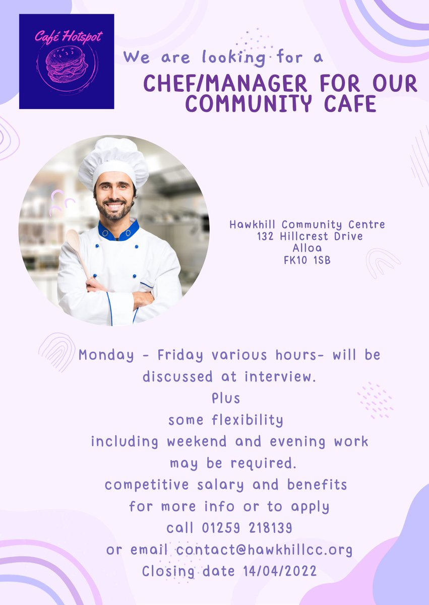 Anyone looking for a job in a friendly wee community cafe? Drop us a line or call and ask for Sandra