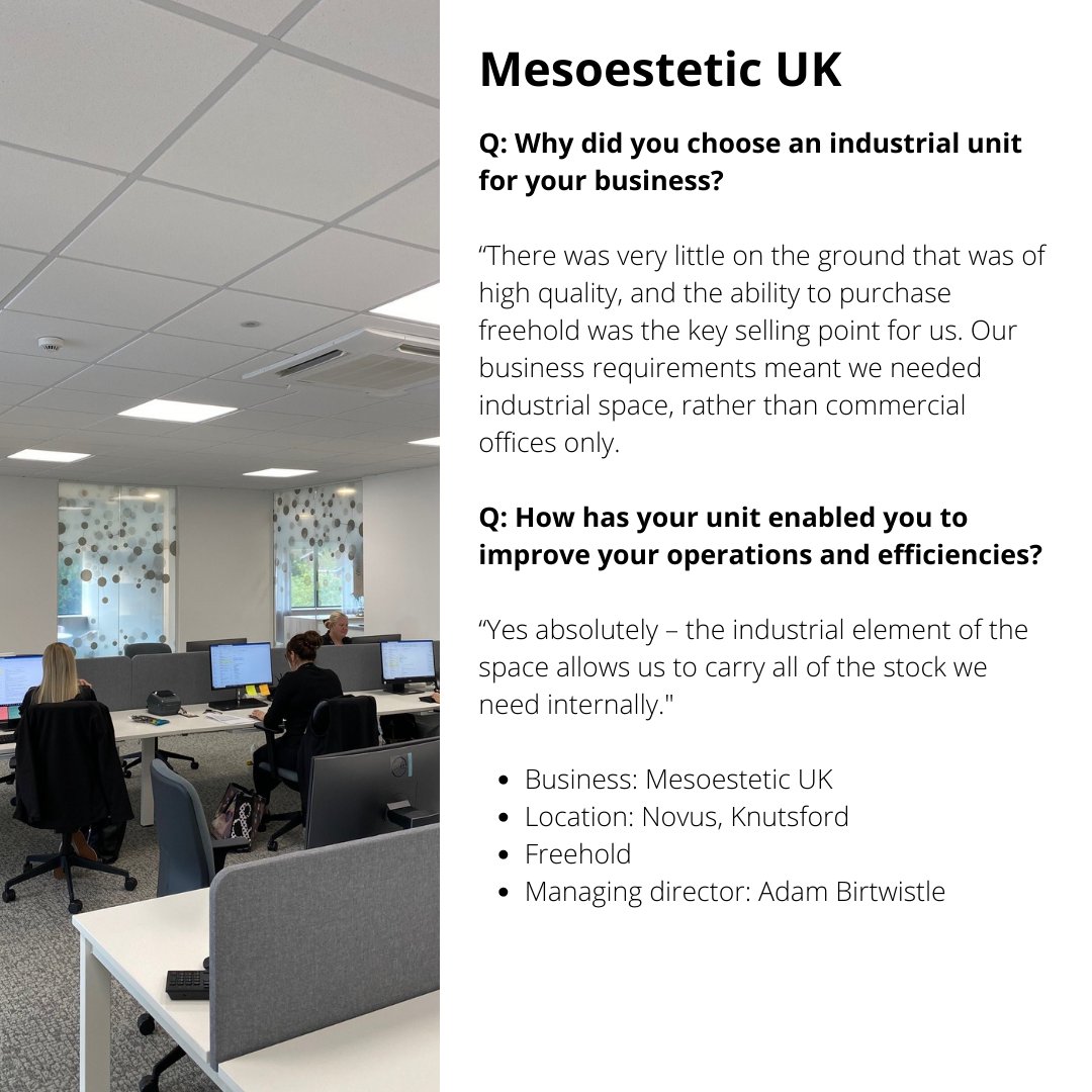 As part of our diverse occupier base series, we’ve spoken to Mesoestetic UK, a company offering medical cosmetic treatments, which took up a unit at Novus, Knutsford on a freehold basis.

Find out why the team chose an industrial property for its businesses and more.

#property