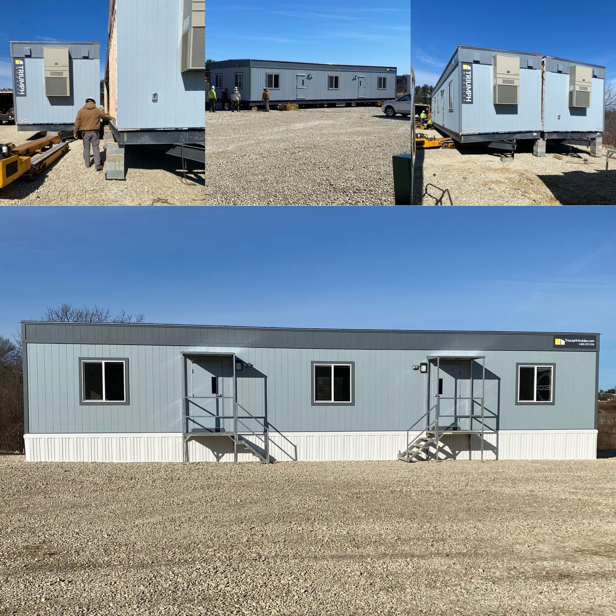 triumphmodular's tweet photo. A beautiful day for our crew out in Portsmouth NH, hard at work setting a brand new from factory double wide. #construction #onsite #triumphmodular https://t.co/ZyuQOvcUsR
