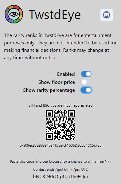 RealMurphyDog's tweet photo. Win this 0xcham #NFT by trying out the coolest browser extension for #opensea.

1⃣ Try TwstdEye https://t.co/JJT2SUiTnz
2⃣ Post your unique code (found in TwstdEye) here or on our discord
3⃣ Retweet

Ends April 6th - 7pm UTC

#NFT #NFTcommunity #NFTgiveaway #NFTGiveaways https://t.co/17dmKYBWjd