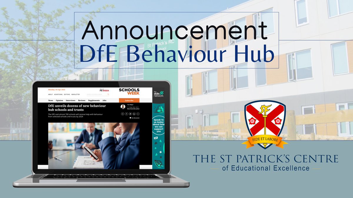 Thestpatscentre's tweet photo. 📢NEWS📢
We are delighted to announce that @StPatsRC has been appointed as a #BehaviourHub Lead School with @educationgovuk
An amazing achievement showing the spectacular work that takes place every day within our school!
Read all about it 
👉https://t.co/GlNnlrL7Zk https://t.co/ILk2mh0tW7