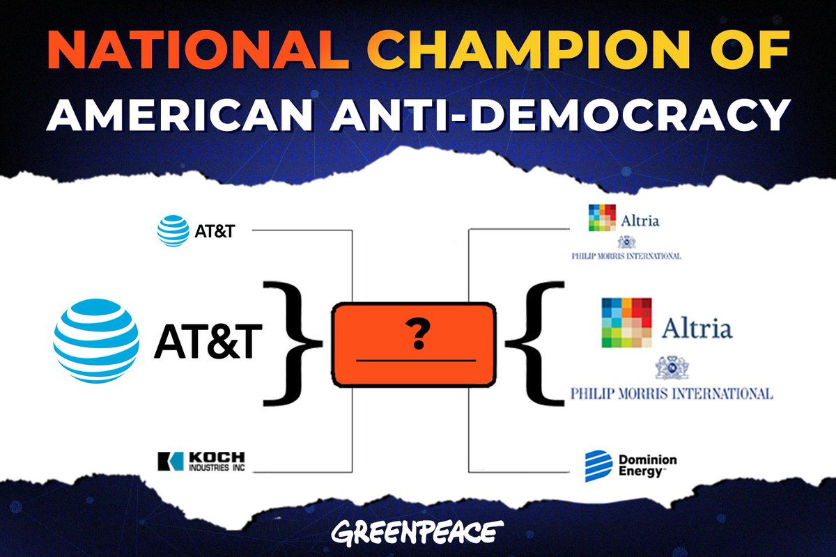 greenpeaceusa's tweet photo. March madness may be coming to an end, but AT&amp;T's anti-democratic madness isn't. So, who will win the final to be crowned the National Champion of American Anti-Democracy? 

Spoiler: it’s @ATT. 
#NCAA #VotingRightsForThePeople #DefendDemocracy https://t.co/3JbWyOO95Y