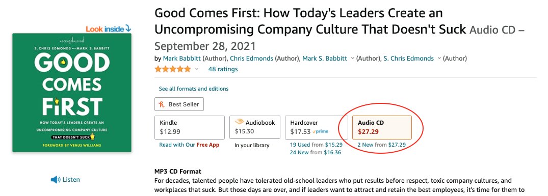 MarkSBabbitt's tweet photo. Good Comes First, co-written with the fantastic 
@scedmonds, is now available in Audio CD format!

#culture #leadership #goodcomesfirst https://t.co/53ThGJxZtY