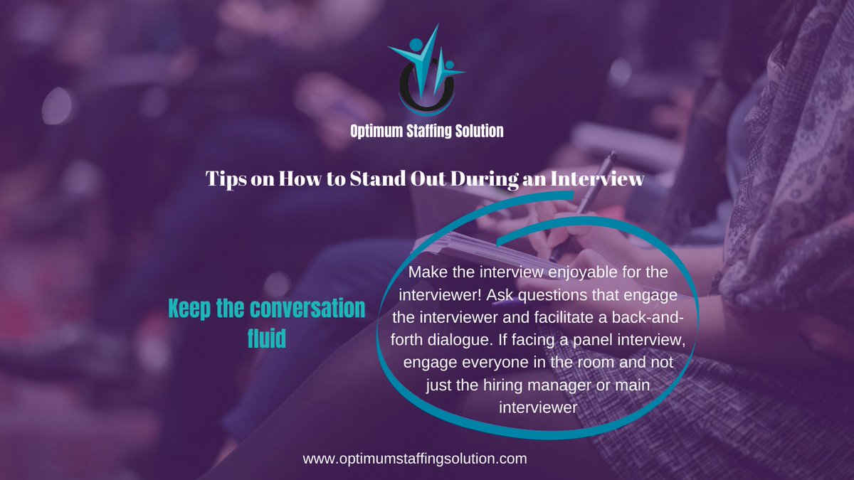 First impression lasts. Here are some tips to stand out during your interview.... 

Follow us on our Official Pages : 

Website : https://t.co/r6m3XuaBz7
Facebook Page : https://t.co/Ny7snyH0Vd
LinkedIn: https://t.co/MOfbyJUgc3
Instagram: @Optimumstaffingsol

#interviewtips https://t.co/zYXdy0Udnp