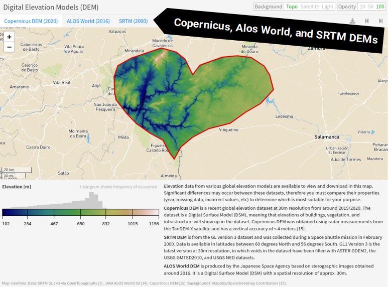 geofolio's tweet photo. Lots of Geofolio updates: File upload to define an area of interest, more landcover data from 1992-2000, upstream watersheds in the hydrology section, and Copernicus DEM is now the default DEM, with SRTM and Alos World also available! Try it at https://t.co/ZHsZRamj1u https://t.co/wWkDhcvkE1