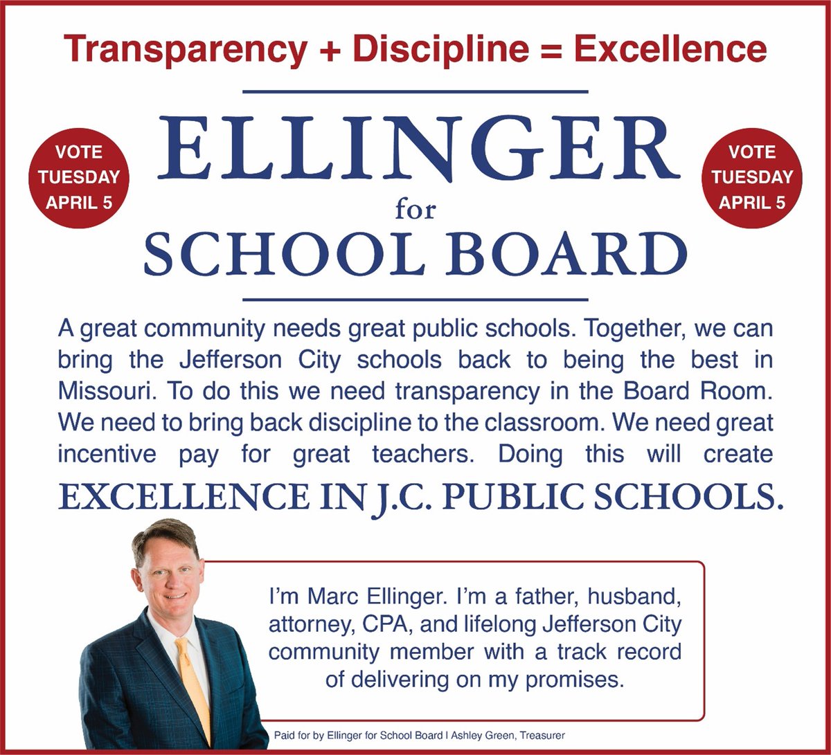MarcEllinger's tweet photo. Tomorrow is election day. I am asking for your vote so that we can make the Jefferson City School District the best it can be. Don't forget to vote for me tomorrow so that we can get Jefferson City Public schools back to being the best in the state. https://t.co/OwVvZcS12V