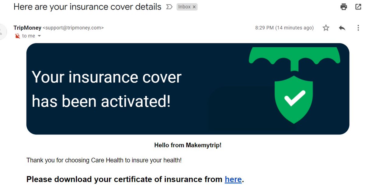 Shubham0729's tweet photo. @makemytripcare u r just amazing @makemytrip for send my INTERNATIONAL TRAVEL INSURANCE POLICY AFTER END OF MY TRIP.  @EaseMyTrip pls learn and u dont do that. https://t.co/HOvswiEcPQ