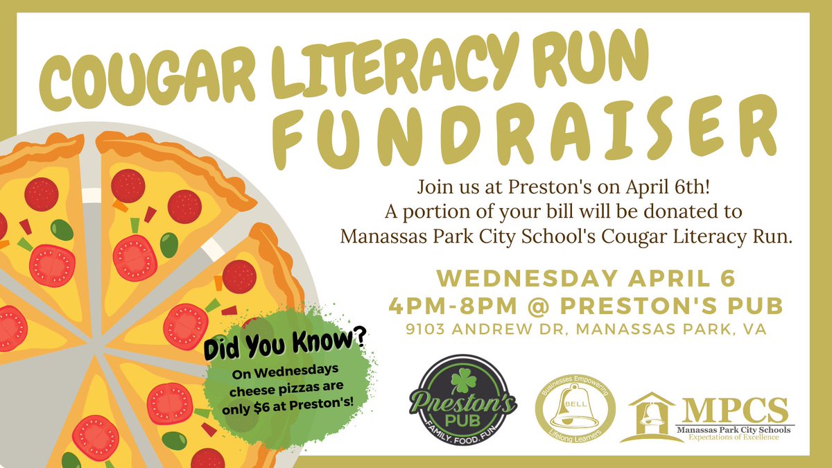 The Cougar Literacy Run is having a fundraiser this Wednesday, April 6th at Prestons (9103 Andrew Drive). Make sure to stop by and mention that you are there to support #MPCSrun! <a href="/MPCSVA/">MPCSchools</a> <a href="/CESMiniCougars/">Cougar Elementary</a> <a href="/MPEScougars/">Manassas Park Elementary School</a> <a href="/MpMiddle/">Manassas Park Middle School</a> <a href="/MPHSVACougars/">MPHSCougars</a>