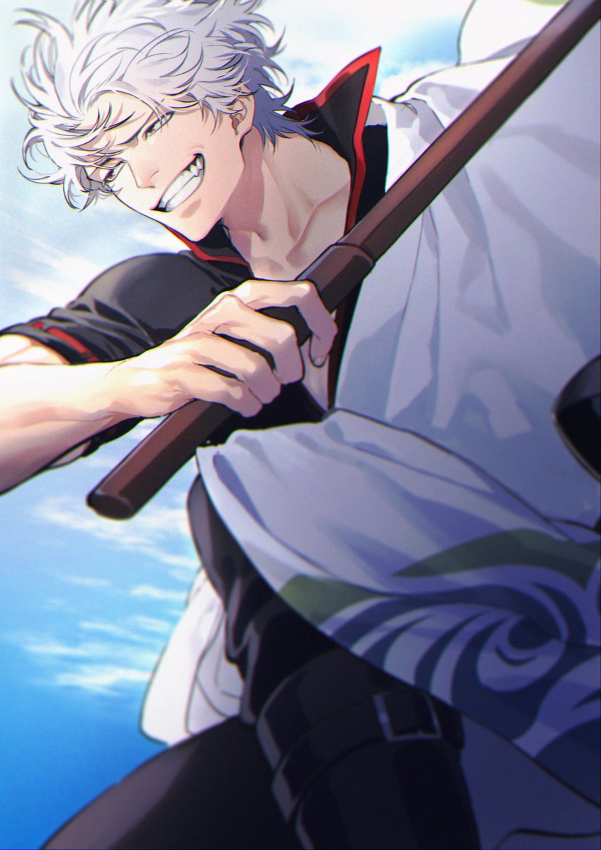 sakata gintoki male focus 1boy solo smile holding holding weapon weapon  illustration images