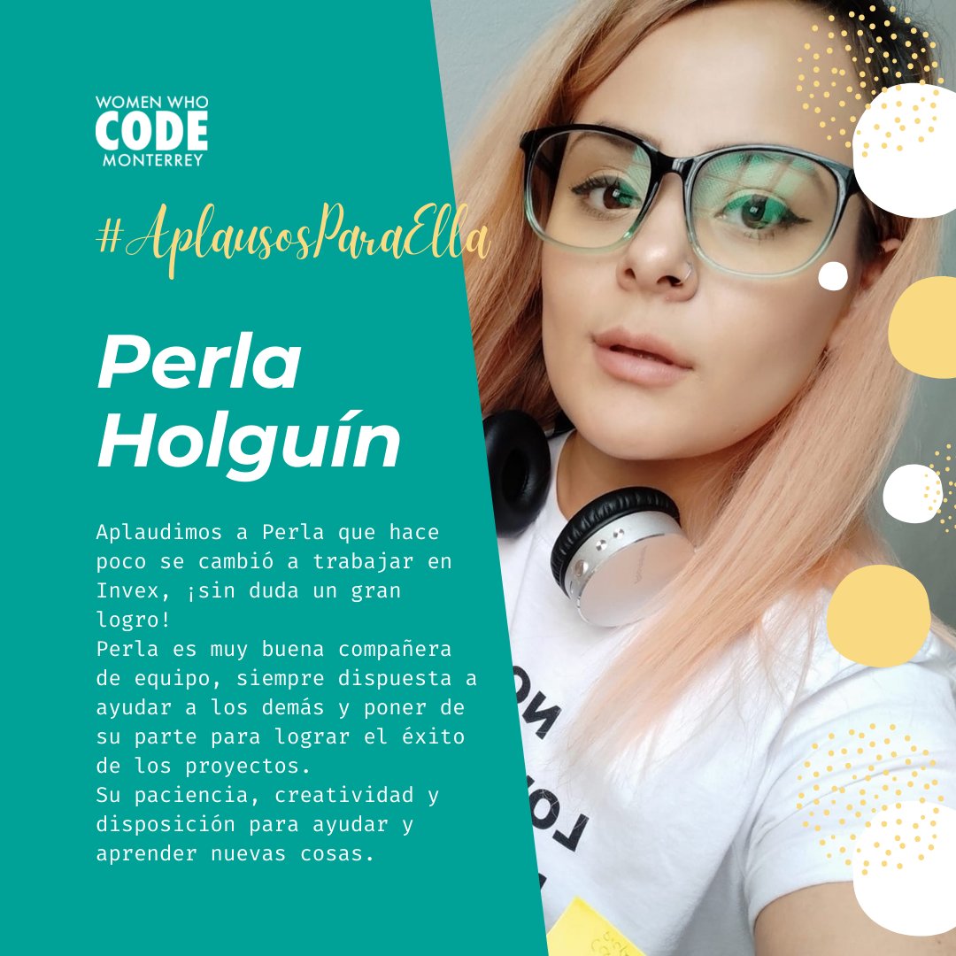 techfemmty's tweet photo. 🙋🏽♀️ UI/UX Designer en Invex, Perla Holguín tiene mucha experiencia en proyectos de este tipo y es muy creativa.
👏🏽Perla siempre está dispuesta a ayudar y aprender cosas nuevas.
#AplausosParaElla
#womenwhocode #wwcodemty #ApplaudHer https://t.co/rWVMDzjXiG