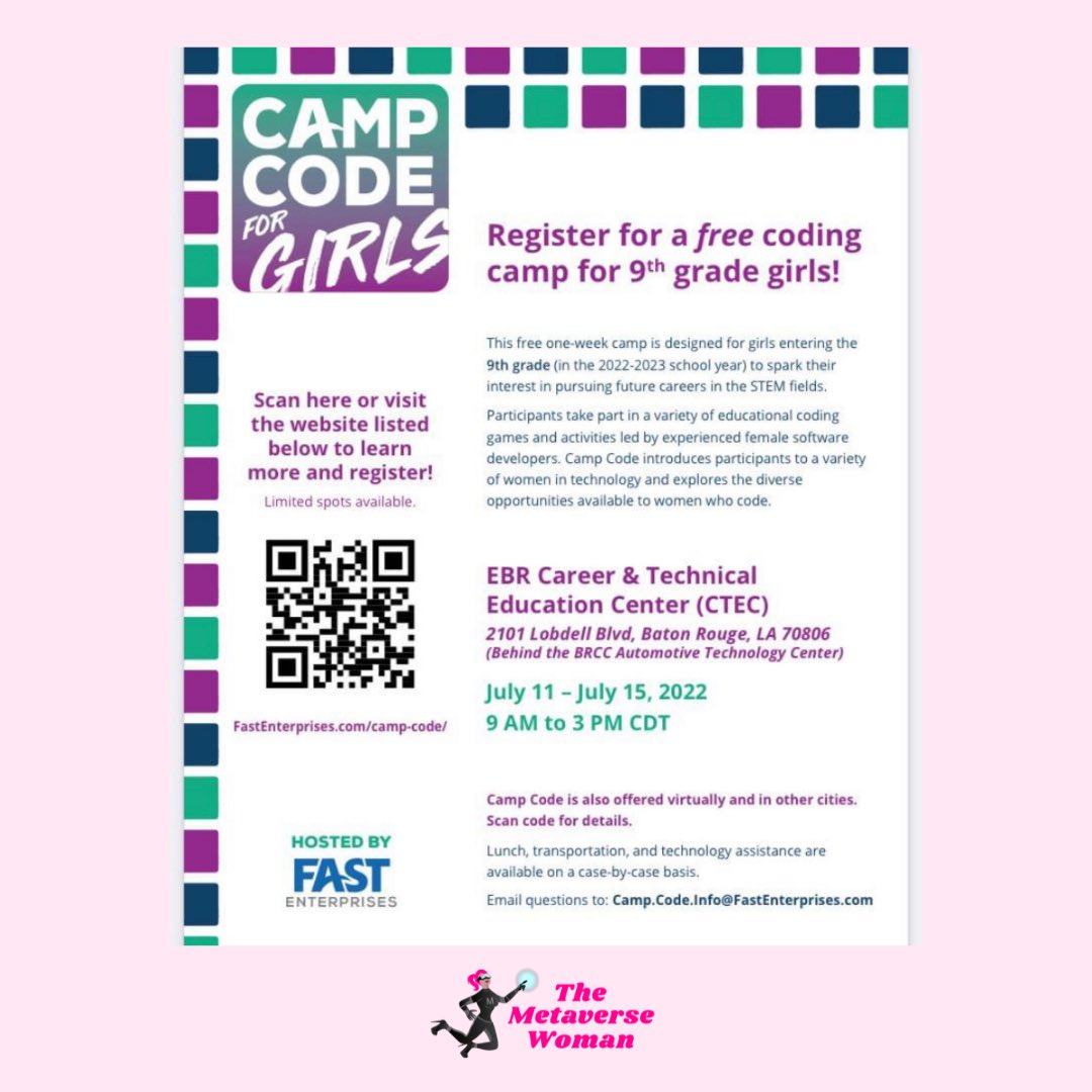 Metaverse_Woman's tweet photo. Another free coding camp for 9th grade girls!! Get on it👩‍💻 We need girls who can code more than ever in Web3! https://t.co/2lFcRofHj8