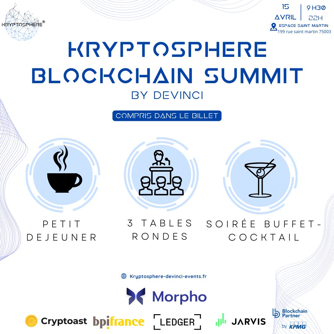 KRYPTOSPHERE_'s tweet photo. Voici le détail de ce que comprennent nos billets pour le #KRYPTOSPHEREBlockchainSummit

1 petit-déjeuner dès 9h30 🥐
L’accès aux 3 tables rondes: Entreprenariat dans l’écosystème Blockchain, Innovation Blockchain et Finance Décentralisée (DeFi)
Buffet-cocktail 🥂 pour networker https://t.co/axm8bsFPRc