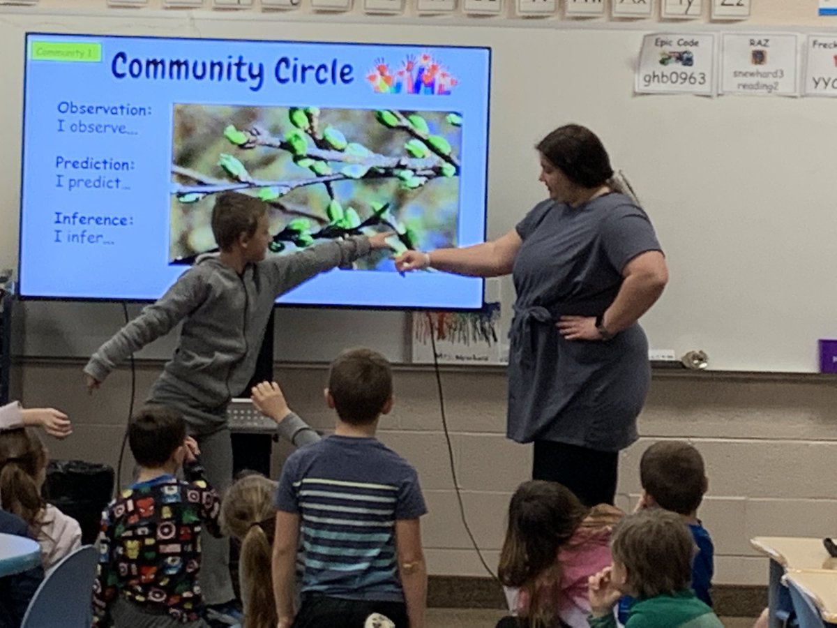 ProfJBock's tweet image. Student teacher Jill Rejczyk and her @HPRoadrunners second graders are making inferences about the coming of spring . . . eventually.