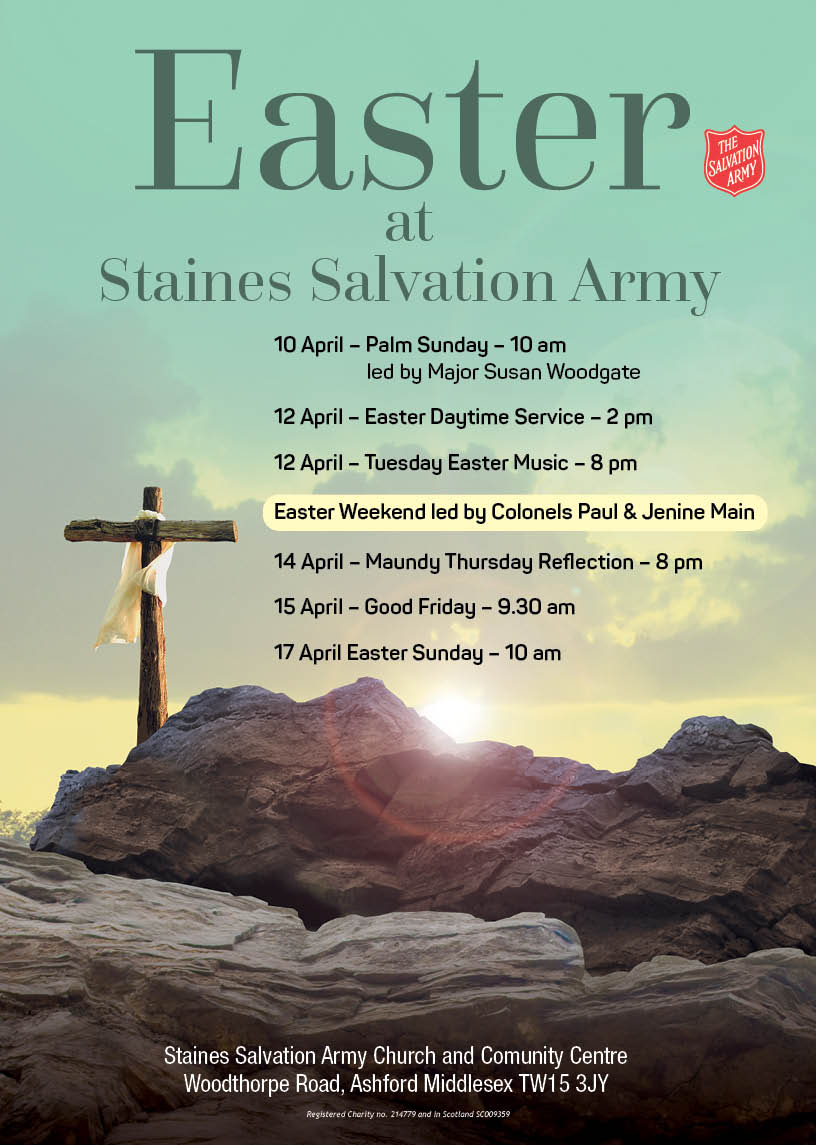 Join us this Easter at The Salvation Army. None of the meetings or services are ticketed, just turn up, we'd love to see you!