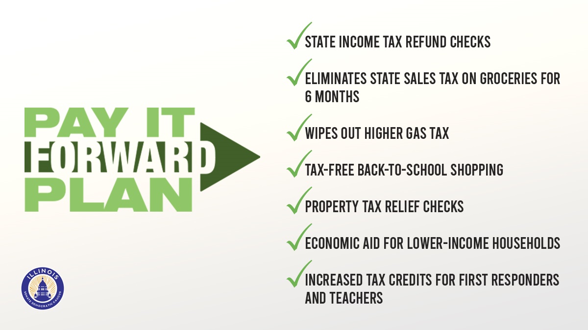 DonHarmonIL's tweet photo. As Illinoisans get back on their feet following a difficult two years, we want to help lighten the load with the Pay it Forward Plan. A sales tax freeze, refund checks, providing tax-free back-to-school shopping &amp; more will help support Illinois taxpayers as we recover. https://t.co/nULsaE4PvI