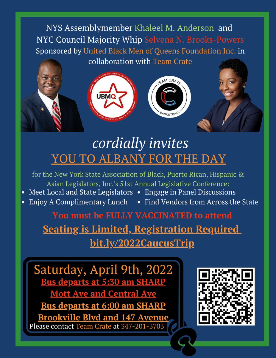 KhaleelAnderson's tweet image. I am proud to announce a FREE bus ride up to Albany in partnership with @CMBrooksPowers, @Teamcrate1, and #UnitedBlackMenQueens for this year's @NYSABPRL Caucus weekend. Hurry as seats are limited.