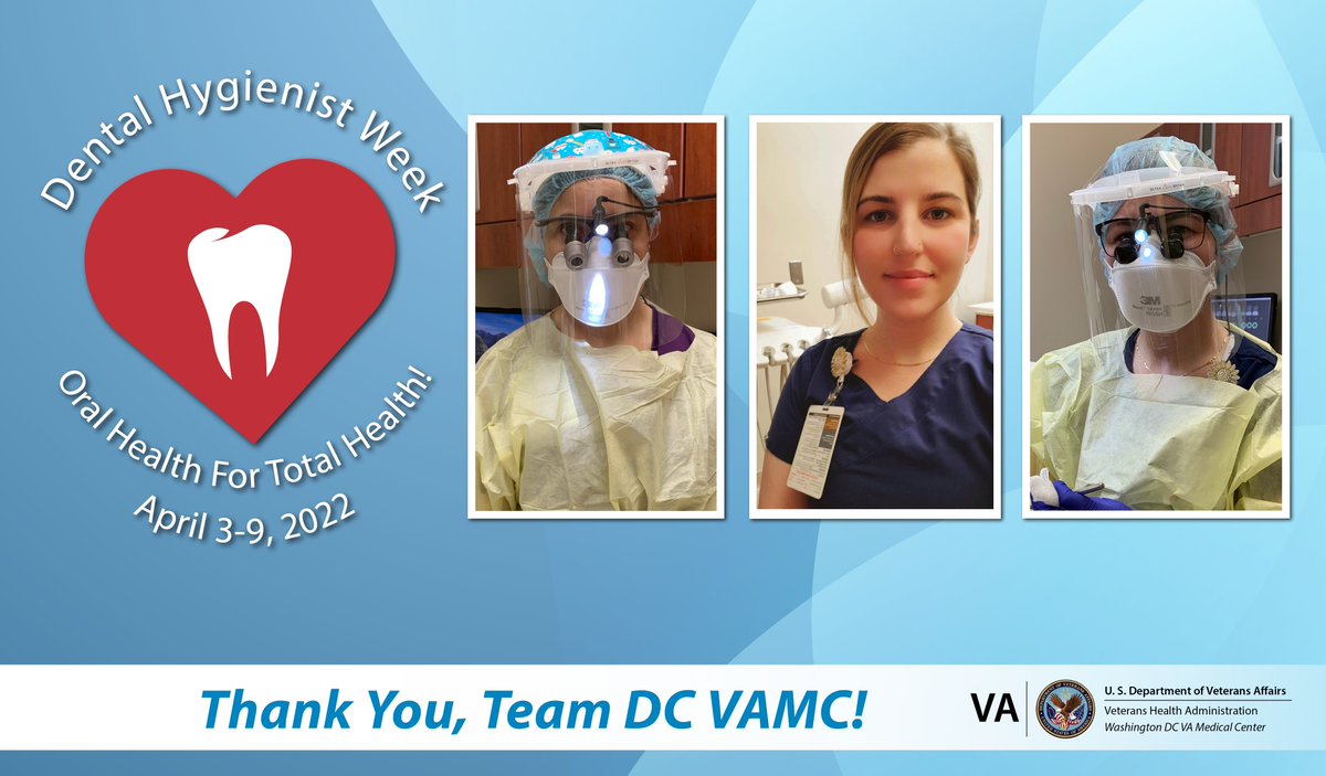 DCVAMC's tweet photo. It’s #DentalHygienistWeek, and these cheerful faces are responsible for keeping #Veterans’ smiles happy and healthy! Join us in showing appreciation for their skills and dedication to the VA’s mission of providing the best care to our Nation’s Veterans. Thanks, Team #DCVAMC. https://t.co/iCKIe7OLIo