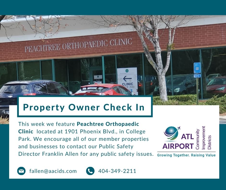 ATLAIRPORTCIDS's tweet photo. Our Public Safety Assessment features Peachtree Orthopaedic Clinic located at 1901 Phoenix Blvd. in @CollegePark_Ga. Carrie Goslin is the contact. Property Owners should contact Franklin Allen (fallen@aacids.com) or 4043492211 for your public safety needs. #aacids #publicsafety https://t.co/6tcOnDjjpg