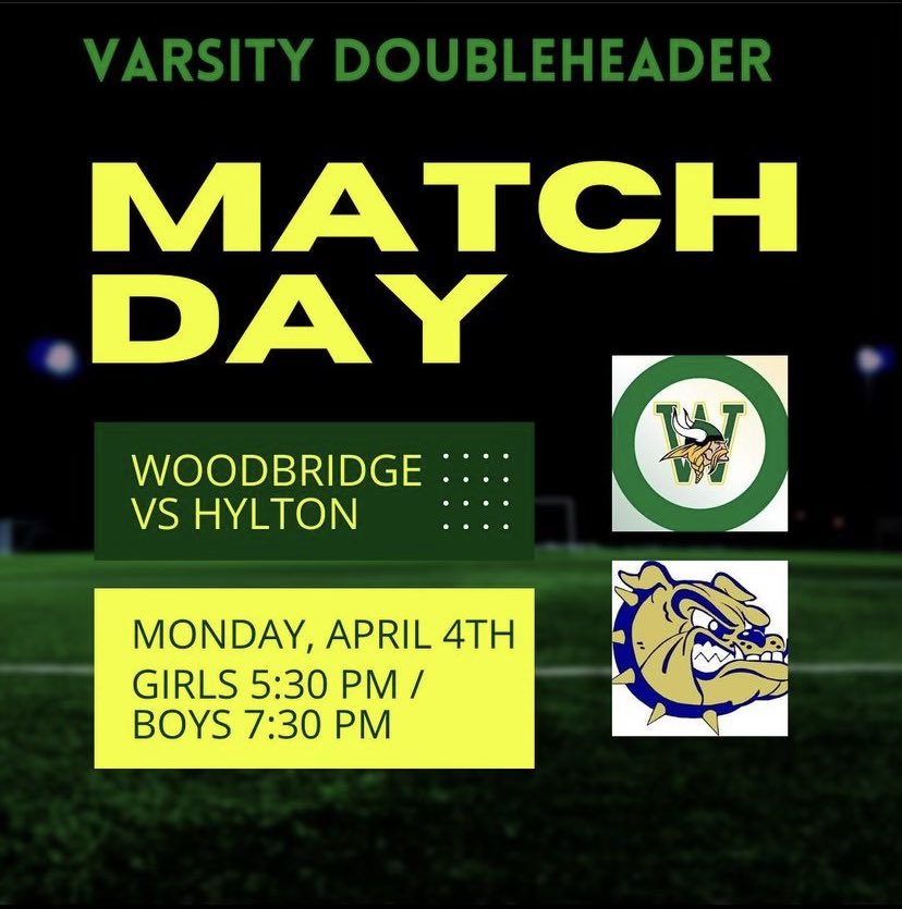 🚨 GAME DAY 🚨

double header vs hylton ⚽️ 

girls at 5:30
boys @WBVSSoccer at 7:30

come out and support! 🔰