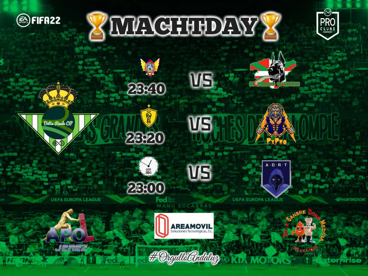 🗞| BETIS REALE CP🟢⚪️🇪🇸

#MACHTDAY

🏆 <a href="/LigasZero/">Liga Zero</a> | 3° B
⏰️ 23:00
🆚️ <a href="/TeamAdictos/">TEAM ADICTOS</a>

🏆 <a href="/VFSL_Spain/">VFSL Spain</a>
⏰️ 23:20
🆚️ <a href="/PxProFIFA/">PxPro ⚡️⚽️</a>

🏆 @VLSeSports | 3° Div
⏰️ 23:40
🆚️ @NortherGamers

📽 Partidos Casteados🎙 twitch.tv/franmoli10 No te lo pierdas 📺

#OrgulloAndaluz💚🤍🇪🇸🔱