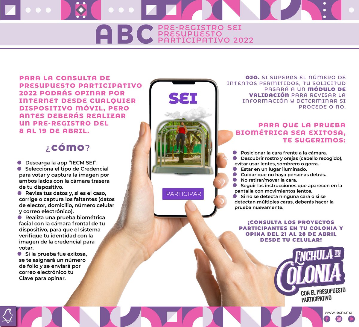 Opinar en la Consulta de #PresupuestoParticipativo 2022, ahora es más fácil 🗨

📲Descarga la app y pre-regístrate para elegir el proyecto que quisieras en tu colonia.
iecm.mx/www/sites/ench…

#EnchulaTuColonia🏡