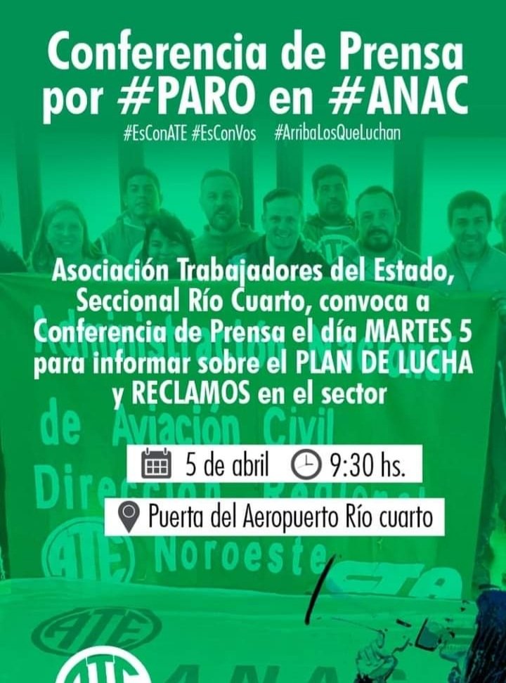 🚫 PARO AEROPUERTO RÍO IV <a href="/BelelliMarcelo/">Marcelo Belelli</a>
<a href="/ateriocuarto/">ATE Río Cuarto</a>
<a href="/MindeTransporte/">Ministerio de Transporte</a>
<a href="/federgiuliani/">Fede Giuliani</a> <a href="/ATE_ANAC/">ATE ANAC InfórmATE</a> <a href="/AlexisGuerrera/">Alexis Guerrera</a>