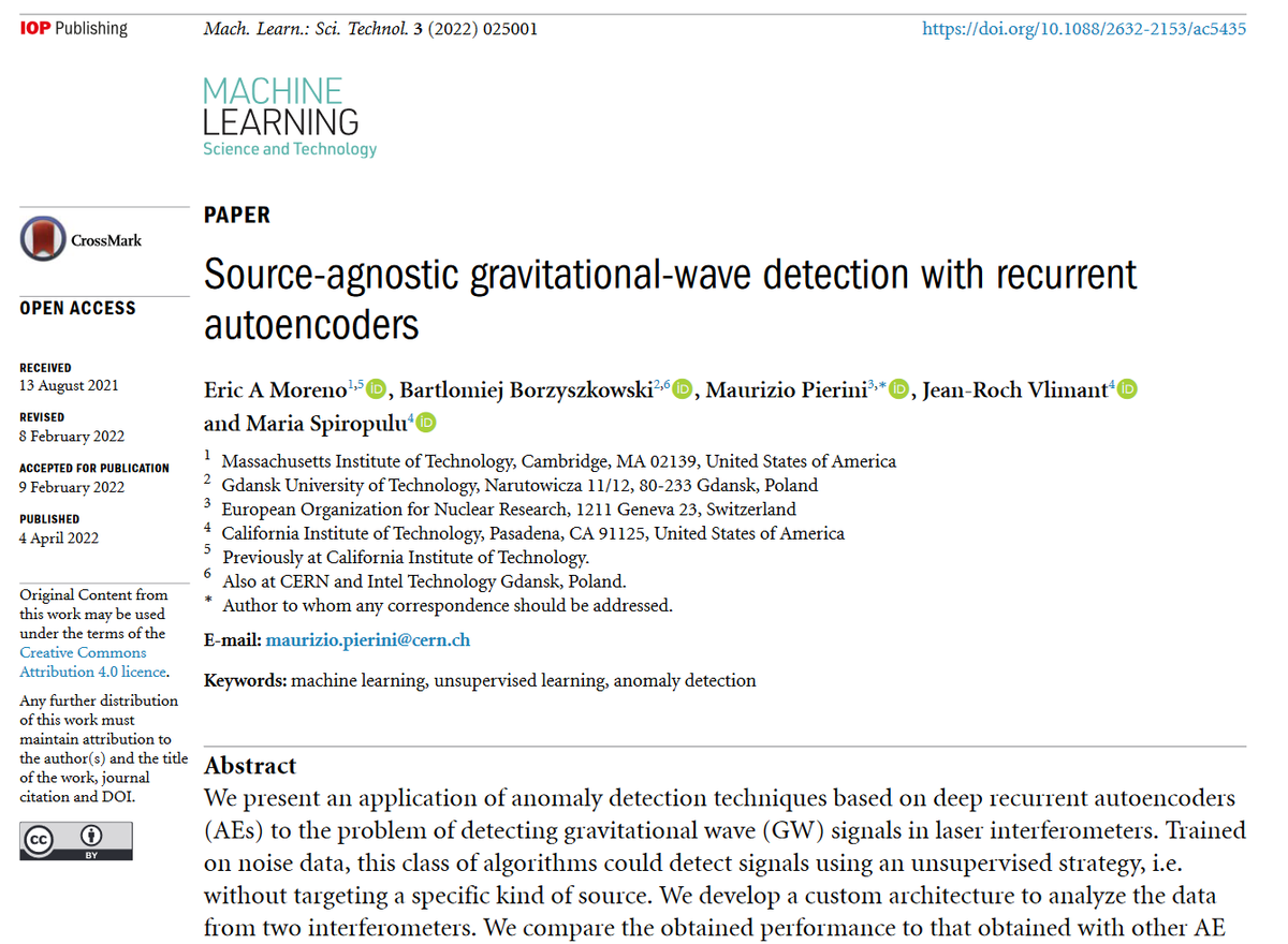 MLSTjournal's tweet photo. Great new work by @MariaSpiropulu @xmpierinix @vlimant @b_borzyszkowski @eric_a_moreno @CERN @MIT @Caltech - 'Source-agnostic #gravitationalwave detection with recurrent #autoencoders' - https://t.co/b2eKRiNLjy #machinelearning #astrophysics #cosmology #HEP #opendata #blackholes https://t.co/iOPerVwJrU