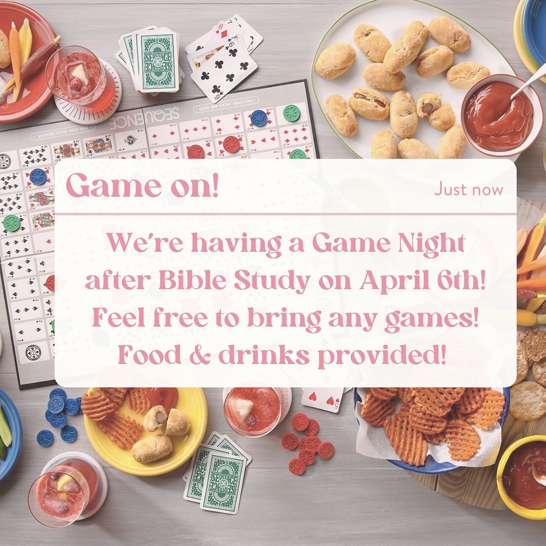 Jacelyn is leading us through Wk 7: God is in the Struggle! 💗 

🎲 Also don’t forget we’re staying behind for Game Night, feel free to bring any games! 

📍HEB SU Oak Rm.
📆 Wednesday
⏰ 6pm
