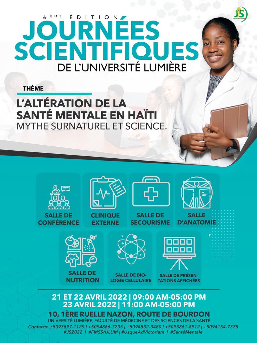 UlumHt's tweet photo. Les 21, 22 et 23 Avril 2022, ne manquez surtout pas, la 6ième édition des Journées Scientifiques de l’Université Lumière

#JS2022
#ulumfmss
#santémentale
#usqueadvictoriam https://t.co/t5vTHXPAjU