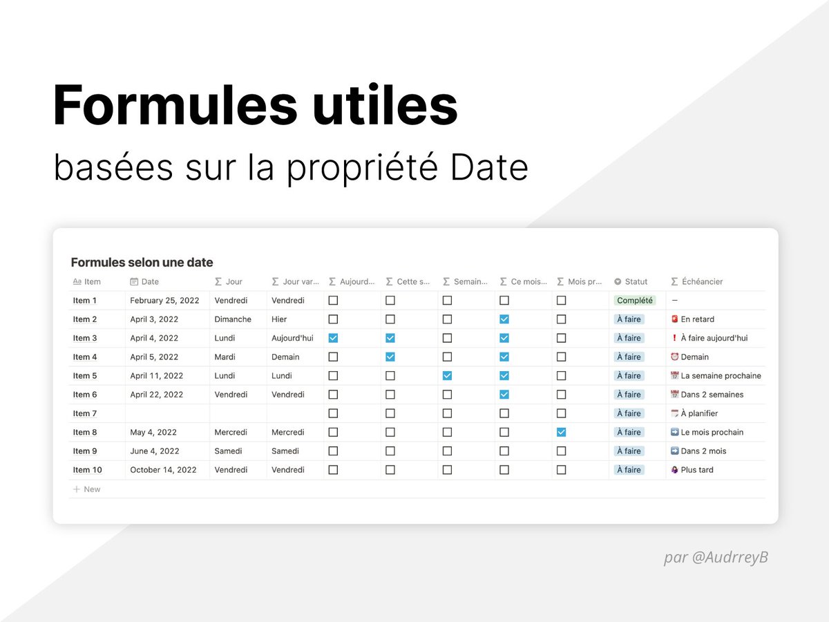 Y’a pas longtemps, je t’ai demandé ta plus grande difficulté par rapport aux bases de données.

Le verdict : les formules 😱

Pour t’aider un peu, je te propose quelques formules utiles basées sur la propriété Date ↓
bit.ly/3Kb4IWr

#formulas #notiontips